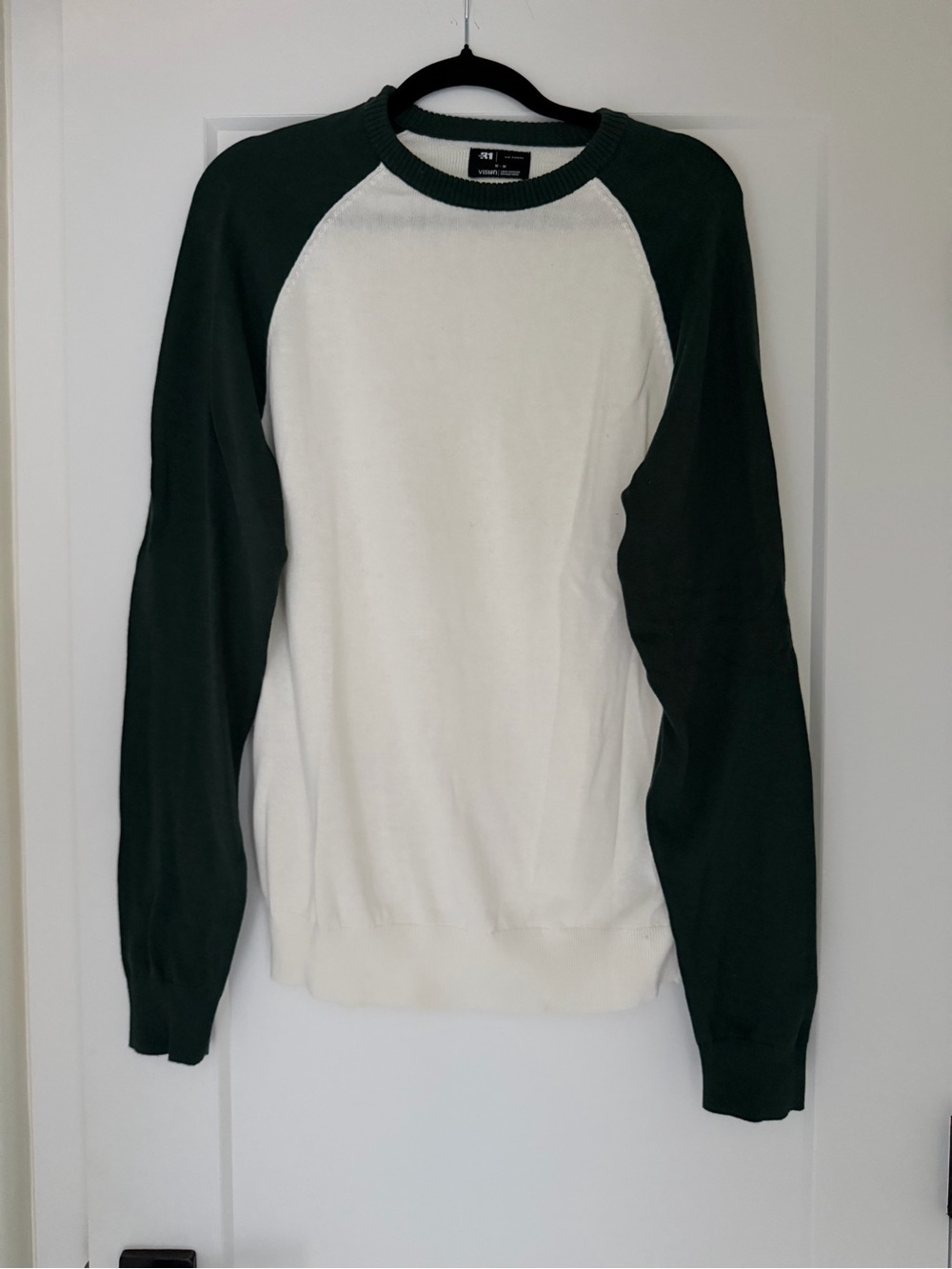Simons White Crewneck Sweater with Dark Green Raglan Sleeves